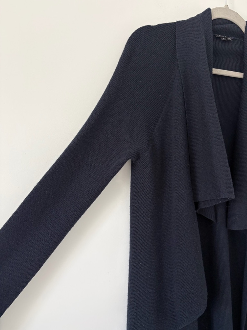 Theory Navy Blue Wool Ribbed Knit Waterfall Casual Neutral Cardigan Sweater M - Picture 2 of 6